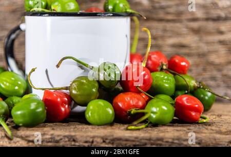 Ziegenpeppers (Capsicum chinense). Gewürze in weißem Metall Becher. Kulinarische Köstlichkeiten. Pode Bode ist eine Pfefferpflanze mit sehr würzigen Früchten in verschiedenen DIS verwendet Stockfoto