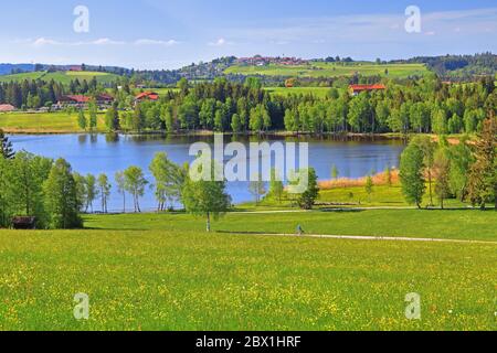 Frühe Landschaft mit Bayersoiener See, im hinteren Dorf Schönberg, Bad Bayersoien, Oberbayern, Bayern, Deutschland Stockfoto