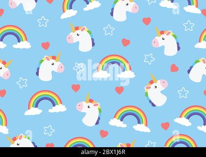 Nahtlose Muster von niedlichen Gesicht Cartoon Einhorn mit Wolken und Regenbogen Hintergrund - Vektor-Illustration. Stock Vektor