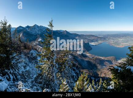 Blick vom Jochberg auf den Kochelsee im Winter mit Schnee, Voralpen, Oberbayern, Bayern, Deutschland Stockfoto