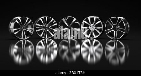 Fünf Auto-Disc auf einem schwarzen Hintergrund 3D-Rendering-Illustration. Stockfoto
