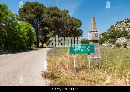 Verkehrsschild, Einfahrt Provinz Granada, Grenze Malaga Granada, Andalusien, Spanien. Stockfoto