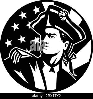 Schwarz-weiß Illustration eines amerikanischen Patriot revolutionäre Soldat aufsuchen mit USA-Star Spangled Banner Sterne und Streifen Flagge in backgroun Stock Vektor