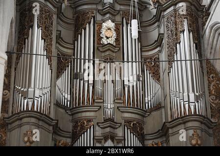 Stralsund, Deutschland. Juni 2020. Ansicht der Orgel in der Kulturkirche St. Jakobi. Die Restaurierung der Orgel in Stralsunds größtem Veranstaltungsraum, der Kulturkirche St. Jakobi, ist nahezu abgeschlossen. Die Kosten für die Orgelrestaurierung belaufen sich auf rund 2.4 Millionen Euro. Sie kommen aus Bund, Land und Stadt sowie aus Spenden und der Stiftung Kulturkirche St. Jakobi. Quelle: Stefan Sauer/dpa/Alamy Live News Stockfoto