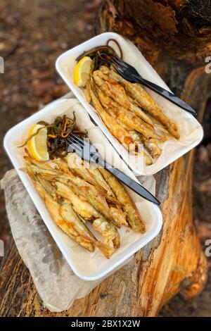 Gebratene roch auf Stück Backpapier auf braunem Holz in auf einem Picknick im Wald, Nahaufnahme. Kleiner Fisch neben einer Zitrone und Seekohl. Vertikale Ansicht. Stockfoto