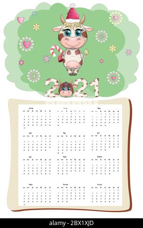 Weißer Ochenkalender oder Planer für 2021 mit kawaii Cartoon Bulle, Bulle oder Kuh, Silvester Charakter, niedliche Charaktere. Die Woche Beginnt Am Sonntag Stock Vektor