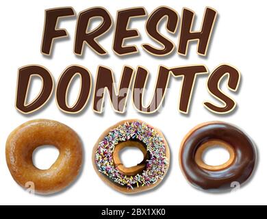 Frische Donuts 3D-Illustration Zeichen mit drei leckeren glasierten Donuts auf einem isolierten weißen Hintergrund Stockfoto