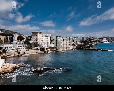 Spanien Mittelmeerküste Mallorca Strand in Calvia, Calo des Macs, Cas Catala in Palma de mallorca. Luftaufnahme Stockfoto