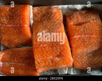 Einige Stücke Filet von rohem rotem Fisch mit Gewürzen liegen auf einem Backblech vor dem Rauchen, schwarzer Pfeffer und Salz, Lachs Stockfoto