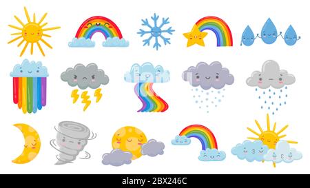 Niedliches Cartoon-Wetter. Glückliche heiße Sonne, Regenbogen über Wolken und lustige Schneeflocke. Schneeblöcken und Regenwolken, schlafender Mond und wütender Hurrikan-Vektor Stock Vektor