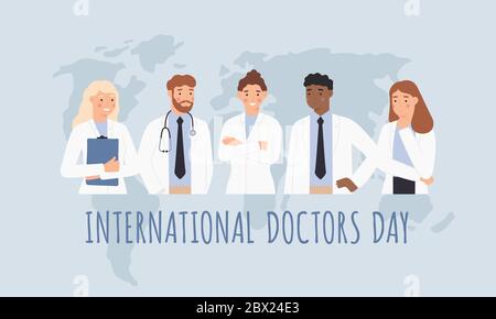 Internationaler Ärztetag. Klinische Fachkräfte, Männer und Frauen Ärzte in weißen medizinischen Kleidern mit Weltkarte. Vektorkonzept für das Gesundheitswesen Stock Vektor
