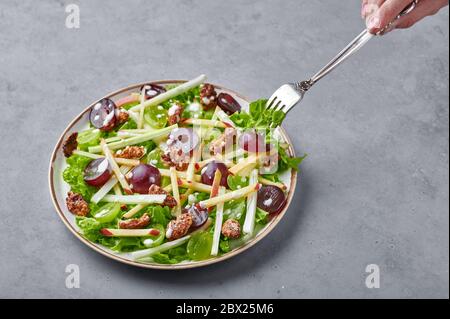 Waldorf Salat auf weißem Teller auf grauem Betongrund. Waldorf Salat ist amerikanische Küche Gericht mit Salat, Trauben, Apfel, Sellerie. Vegetarische Gesundheit Stockfoto