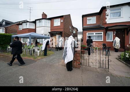 Manchester, Großbritannien. Juni 2020. Orthodoxe jüdische Männer führen ihre Morgengebete in angrenzenden Gärten in Salford, um die neuen Regeln zu erfüllen, die es 6 Menschen ermöglichen, sich in einem Garten zu versammeln, aber dennoch einen Minyan zu erreichen, ein Quorum von zehn jüdischen Erwachsenen, die für bestimmte religiöse Verpflichtungen erforderlich sind, Manchester, Großbritannien. Kredit: Jon Super/Alamy Live News. Stockfoto