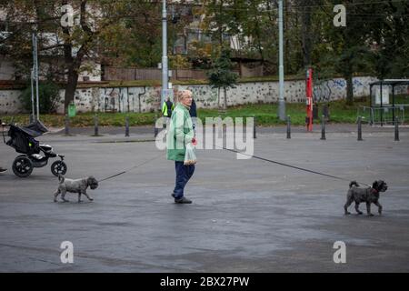 PRAG, TSCHECHIEN - 3. NOVEMBER 2019: Alte Frau eine ältere ältere, pensionierte tschechische Frau, die in den Straßen von Prag zwei Hunde an der Leine hält, auf den Straßen läuft Stockfoto