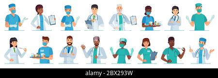 Karikatur Mediziner. Doktor Porträt, Medizinstudent und Praktikant in Peelings oder weißen Mänteln. Männliche und weibliche Ärzte Zeichen Vektor-Illustration Stock Vektor