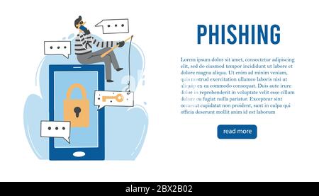 Betrügerangriff, E-Mail Phishing, Cyber Hacker, Online-Betrug, Sicherheitskonzept Design für Web, Banner, Social Media. Cartoon-Charakter der Betrüger. Flache Vektorgrafik. Stock Vektor