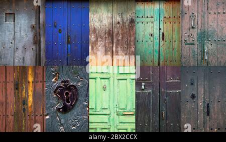 Collage aus alten rustikalen Holztüren in einem spanischen ländlichen Dorf Stockfoto