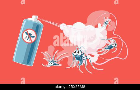 Anti-Mückenspray. Erschrocken und tot Moskitos, gespritzte Insektizid Giftwolke und Sommer Insektenschutz Spray Flasche Cartoon Vektor Stock Vektor