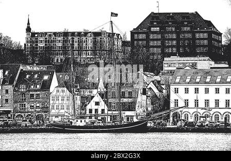 Liegeplatz für Yachten und Boote im Seehafen. Die Ozeanyachten sind sicher an der Pier des Passagierterminals des Hafens festgemacht. Vintage Hand gezeichnet V Stock Vektor