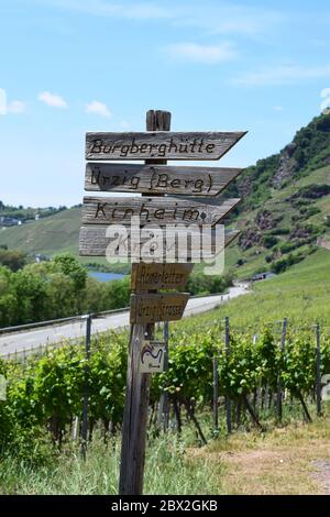 Holzschild für Moseltalwanderungen Stockfoto