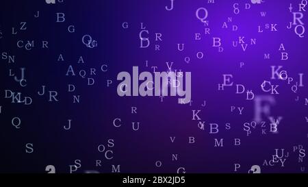 Abstraktes Alphabetornament auf Farbhintergrund. Design Konzept für das Schreiben von Bildung. Zufällige Buchstaben fliegen. 3D-Abbildung. Stockfoto