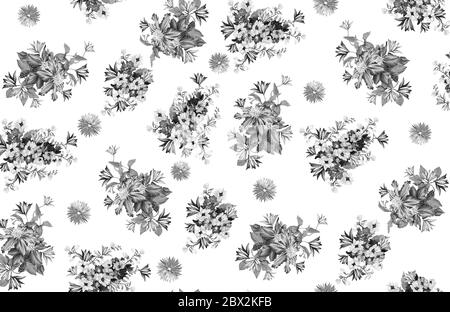 Florales Nahtloses Muster mit verschiedenen Blüten und Blättern. Schwarz-weiß Botanical Illustration handbemalt. Textildruck, Stoffmuster, Verpackung Stockfoto