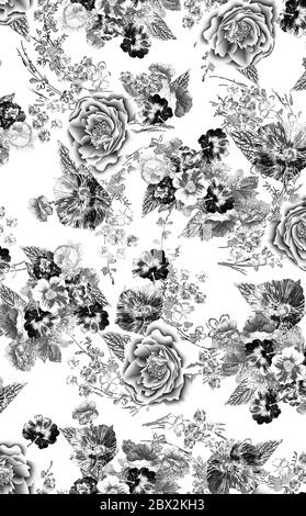 Florales Nahtloses Muster mit verschiedenen Blüten und Blättern. Schwarz-weiß Botanical Illustration handbemalt. Textildruck, Stoffmuster, Verpackung Stockfoto