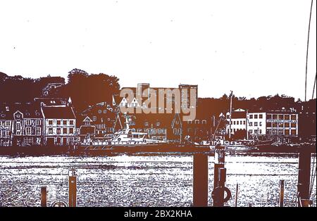 Liegeplatz für Yachten und Boote im Seehafen. Die Ozeanyachten sind sicher an der Pier des Passagierterminals des Hafens festgemacht. Vintage Hand gezeichnet V Stock Vektor