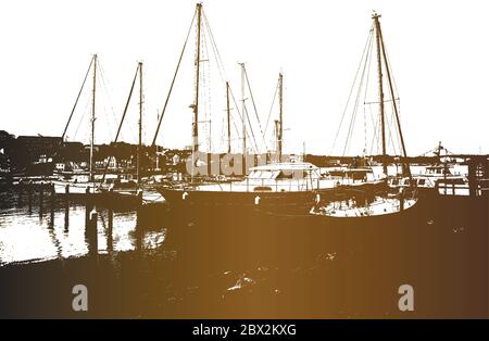 Liegeplatz für Yachten und Boote im Seehafen. Die Ozeanyachten sind sicher an der Pier des Passagierterminals des Hafens festgemacht. Vintage Hand gezeichnet V Stock Vektor