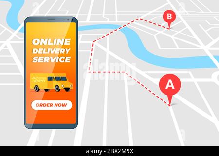 Lieferwagen Online-Bestellservice-App auf Smartphone-Bildschirm. Logistische Fracht mobile Kurier oder Fracht van Pakettransport mit Route Geotag gps Position PIN auf Stadtkarte Vektor flache Anwendung Stock Vektor