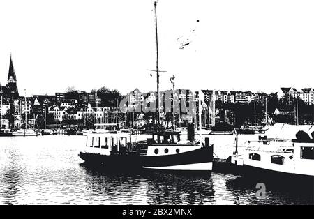Liegeplatz für Yachten und Boote im Seehafen. Die Ozeanyachten sind sicher an der Pier des Passagierterminals des Hafens festgemacht. Vintage Hand gezeichnet V Stock Vektor