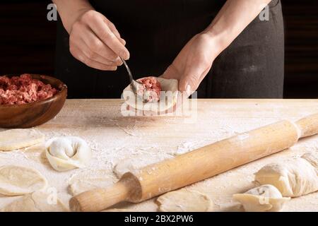 Der Prozess der Herstellung von hausgemachten Knödel, Schritt 9. Vorderansicht der weiblichen Hände, die gehacktes Fleisch auf den Teig legen. Hackfleisch auf dem Teig, der Prozess Stockfoto