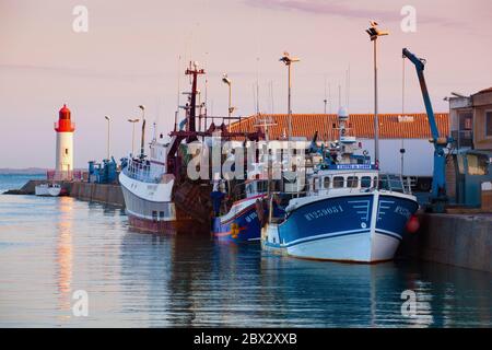 Frankreich, Charente-Maritime (17), chalutiers à quai sur le Port de la Cotinière à Saint-Pierre d'Oléron Stockfoto