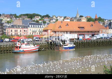 Frankreich, Calvados, Pays d'Auge, Trouville sur Mer, Fischerboote auf den Touques und der Fischmarkt mit der Kirche Notre Dame des Victoires im Hintergrund (19. Jahrhundert) Stockfoto