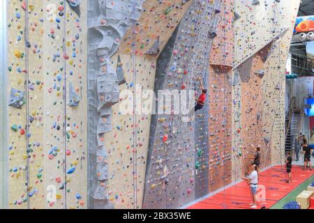 Frankreich, Rhone, Lyon, Aufstieg Gerland, Kletterhalle, Kletterer an Kletterwänden Stockfoto