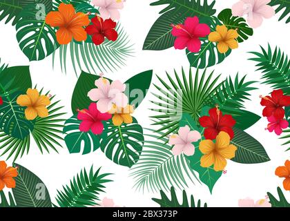 Nahtlose Muster von tropischen Blumen mit Blättern auf weißem Hintergrund - Vektor-Illustration Stock Vektor