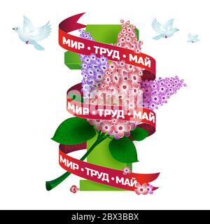 Vektor-Illustration zum Feiertag von Frühling und Arbeit. Mayday. Die erste Nummer mit Frühlingsblumen Flieder, Vögel und rotem Band mit russischem Text (eng.: p Stock Vektor