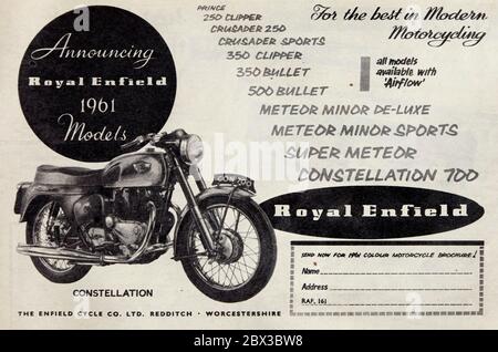 Vintage-Werbung für die Royal Enfield Motorräder der Serie 1961. Stockfoto