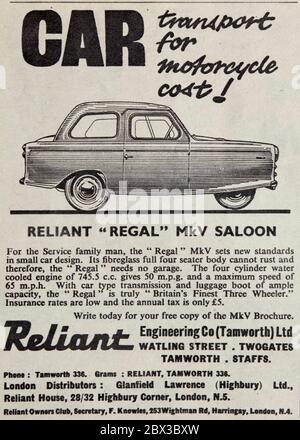 Vintage-Werbung für die britische Reliant Regal drei Rädern Limousine Auto. Stockfoto