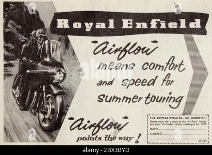 Vintage-Werbung für Airflow-Verkleidungen für Royal Enfield Motorräder. Stockfoto