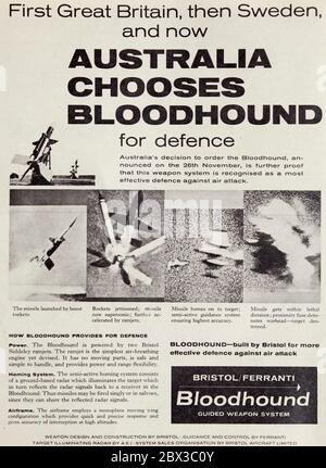 Vintage-Werbung für die britische Bristol Bloodhound Oberfläche zu Luft Rakete. Stockfoto