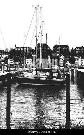 Liegeplatz für Yachten und Boote im Seehafen. Die Ozeanyachten sind sicher an der Pier des Passagierterminals des Hafens festgemacht. Vintage Hand gezeichnet V Stock Vektor