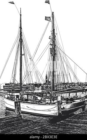 Liegeplatz für Yachten und Boote im Seehafen. Die Ozeanyachten sind sicher an der Pier des Passagierterminals des Hafens festgemacht. Vintage Hand gezeichnet V Stock Vektor