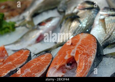 Rohkost Lachs Fisch auf Eis im Markt Stockfoto
