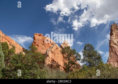 Riesige rote Felsen ragen aus dem Boden unter den Bäumen unter einem dramatischen blauen Himmel mit Wolken in Garden of the Gods bei Colorado Springs USA. Stockfoto