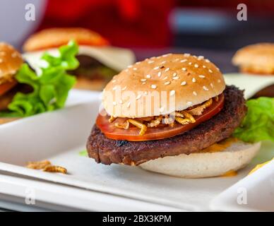 Mehwurm-Burger. Feinkostgeschäft aus Insekten in Köln, Deutschland Stockfoto