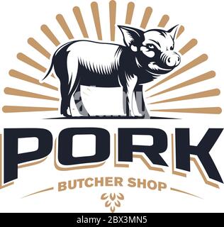 Metzgerei Vintage Logo Design Vorlage mit Schweinefleisch oder Schwein Silhouette isoliert auf weißem Hintergrund - Hand gezeichnete Vektor-Illustration im Retro-Stil. Los Stock Vektor