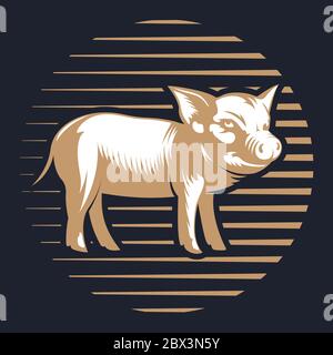 Schweinefleisch oder Schwein Silhouette Vintage Logo Design Vorlage auf schwarzem Hintergrund - Hand gezeichnete Vektor-Illustration im Retro-Stil. Gold und weißes Emblem, Abzeichen, Stock Vektor