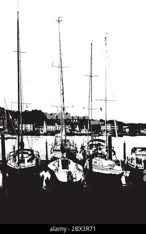 Liegeplatz für Yachten und Boote im Seehafen. Die Ozeanyachten sind sicher an der Pier des Passagierterminals des Hafens festgemacht. Vintage Hand gezeichnet V Stock Vektor