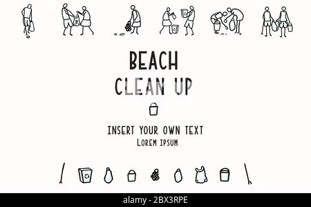 Strand aufräumen Flyer mit Stick Figuren Papierkorb sammeln. Konzept von Save the Planet. Icon Motiv für Umwelt-Tag der Erde Freiwillige Einladung, Eco Stock Vektor